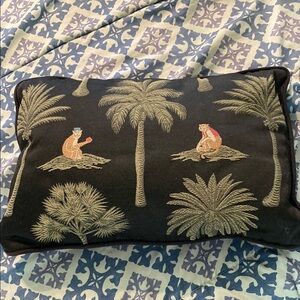 Embroidered Tapestry Black Pillow with Monkeys and Palm Tree Design